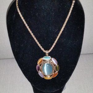 Vintage Monet necklace aqua blue oval dome cabochon glass signed EUC